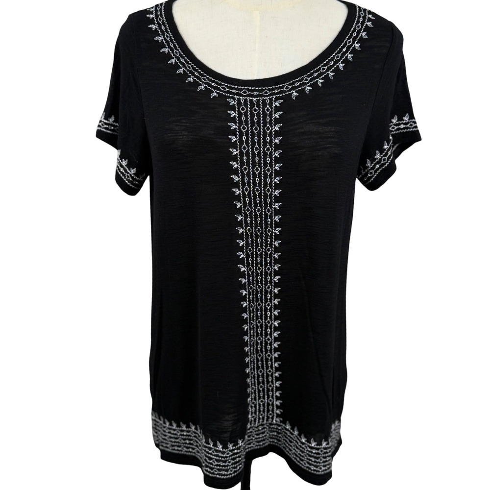 Rafaella S Embroidered Slub Top Blk Scoop Neck Short Sleeve Viscose Boho Peasant